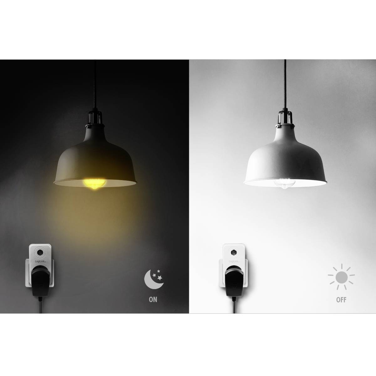 'Zwei nebeneinander liegende Bilder: Links leuchtet eine Lampe in einem dunkleren Raum, 'ON' und Mondsymbol; rechts ist die Lampe aus, 'OFF' und Sonnensymbol.'