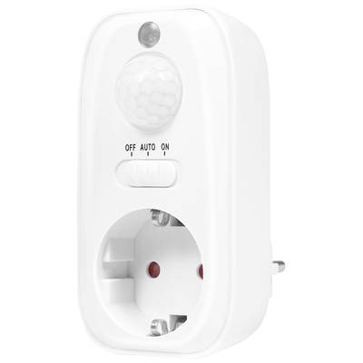 Bewegungsmelder-Steckdose mit Schalter für 'OFF', 'AUTO', 'ON'. Eingebauter Sensor oben. Weiße Farbe.