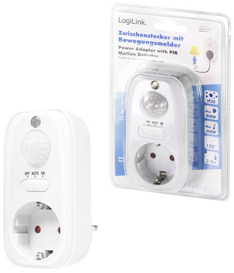 'Zwischenstecker mit Bewegungsmelder'. Verpackung und Produktbild zeigen einen Adapter mit PIR-Bewegungssensor zum Energiesparen.