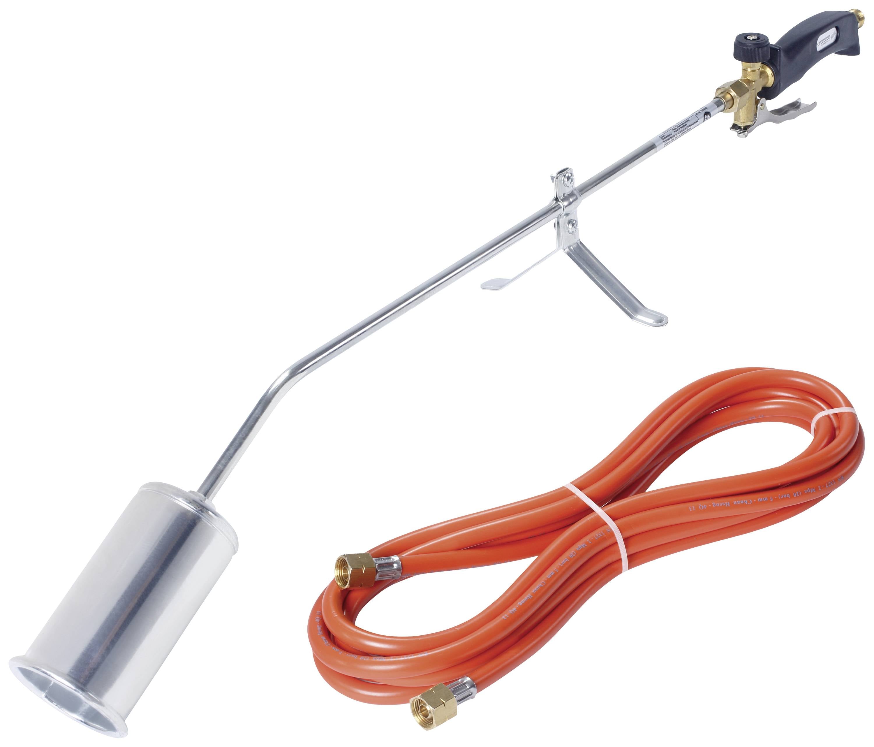 Gasbrenner mit langem Metallrohr und Griff, verbunden mit einem roten Gasschlauch.