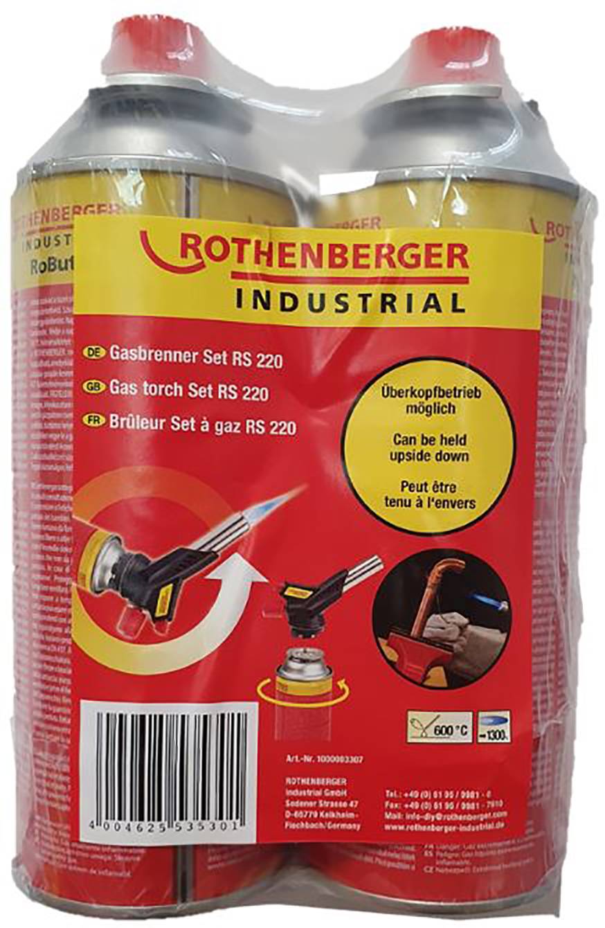 Zwei Gasbrenner-Sets von Rothenberger in Verpackung mit rotem Etikett. Kompatibel für Überkopfbetrieb. Enthält Bedienungshinweis.