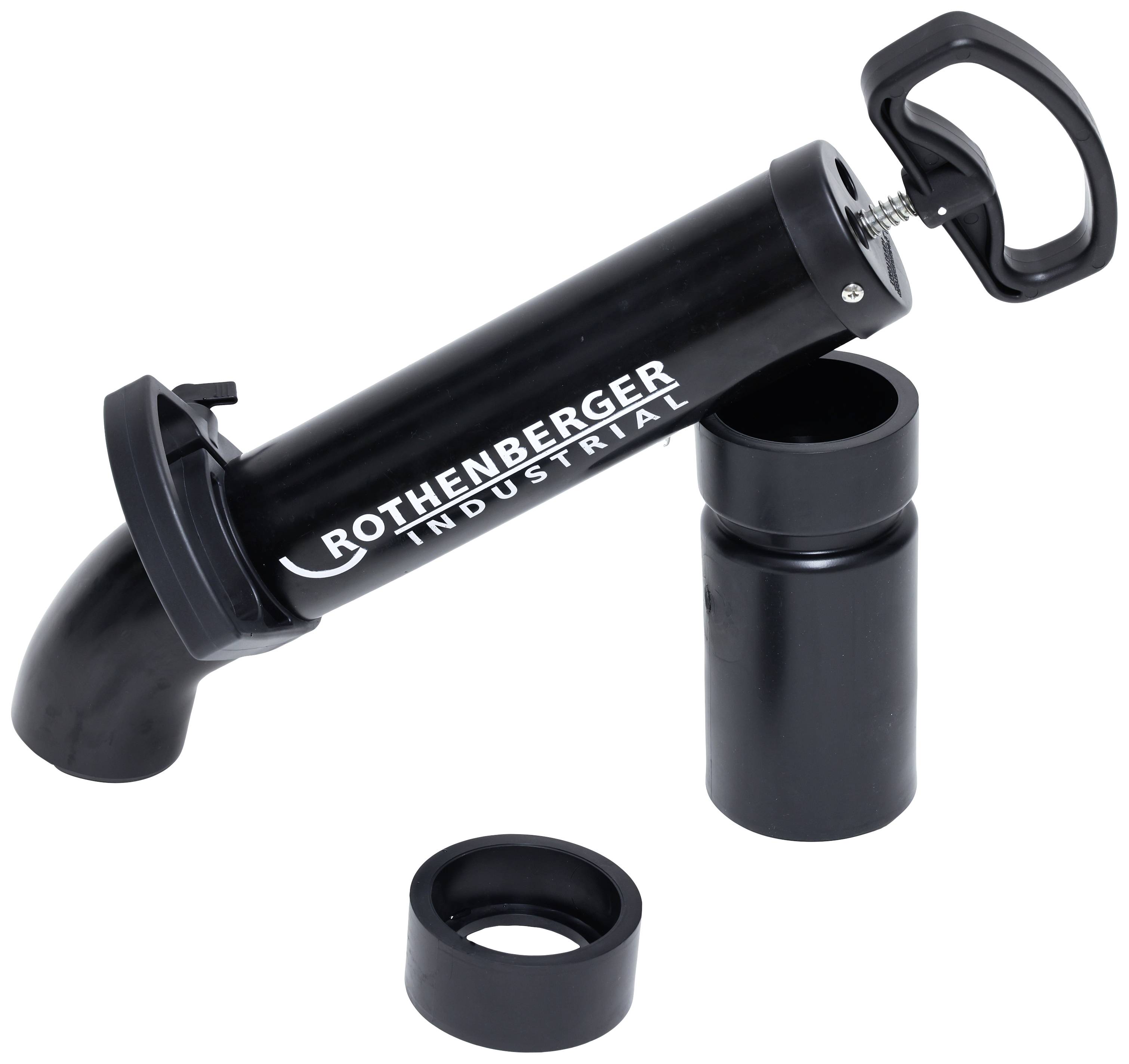 Eine schwarze Fettpresse der Marke 'Rothenberger Industrial' mit abnehmbarer Kappe und Griff, geeignet für Schmiermittelanwendungen.