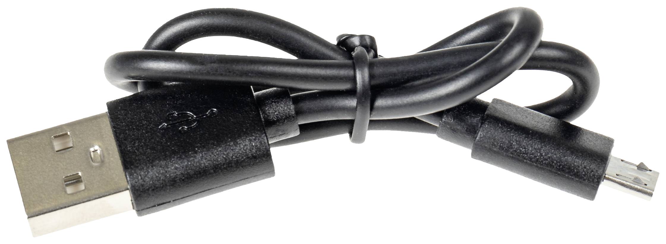 Ein schwarzes USB-Kabel mit Standard-USB-A- und Micro-USB-B-Steckern, aufgerollt.