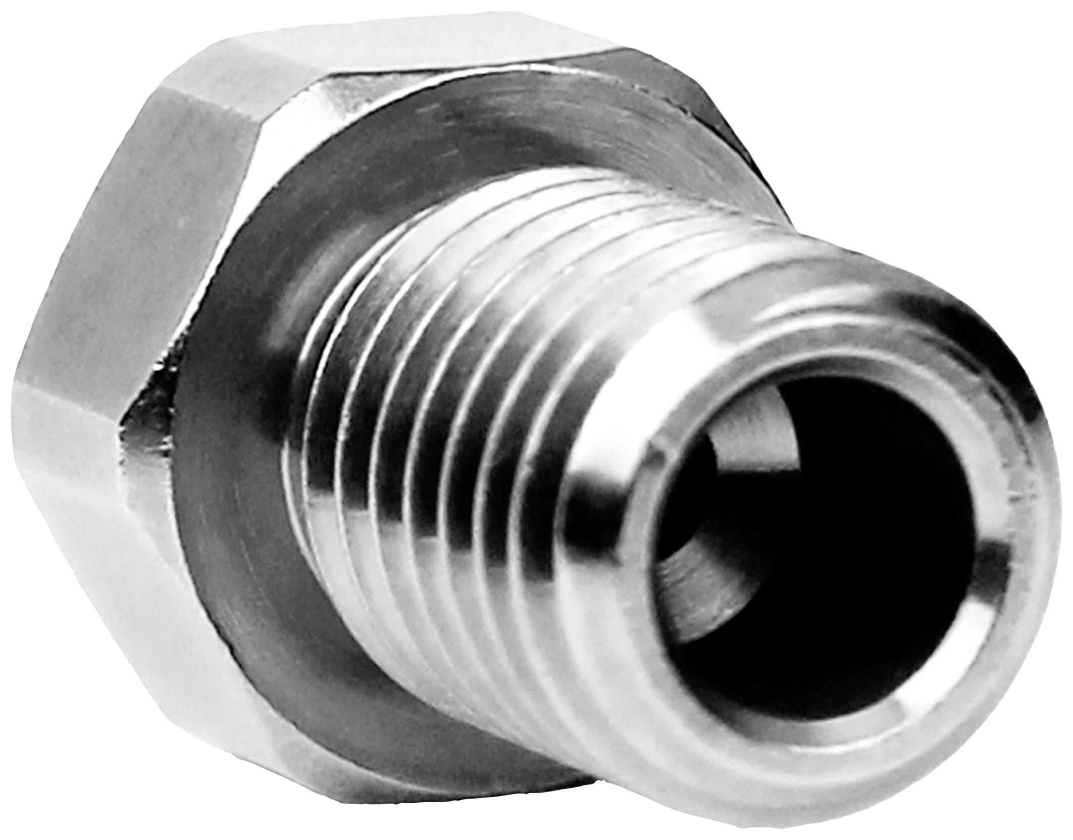 Ein sechseckiger Metallanschluss mit Gewinde, verwendet zum Verbinden von Rohrleitungen oder Schläuchen, glänzende Oberfläche.