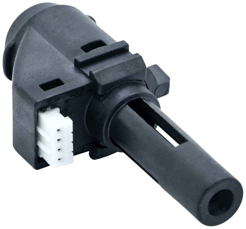 Ein schwarzer Sensor mit einem weißen, vierpoligen Stecker. Der Sensor ist zylindrisch geformt und hat mehrere Einlassöffnungen.