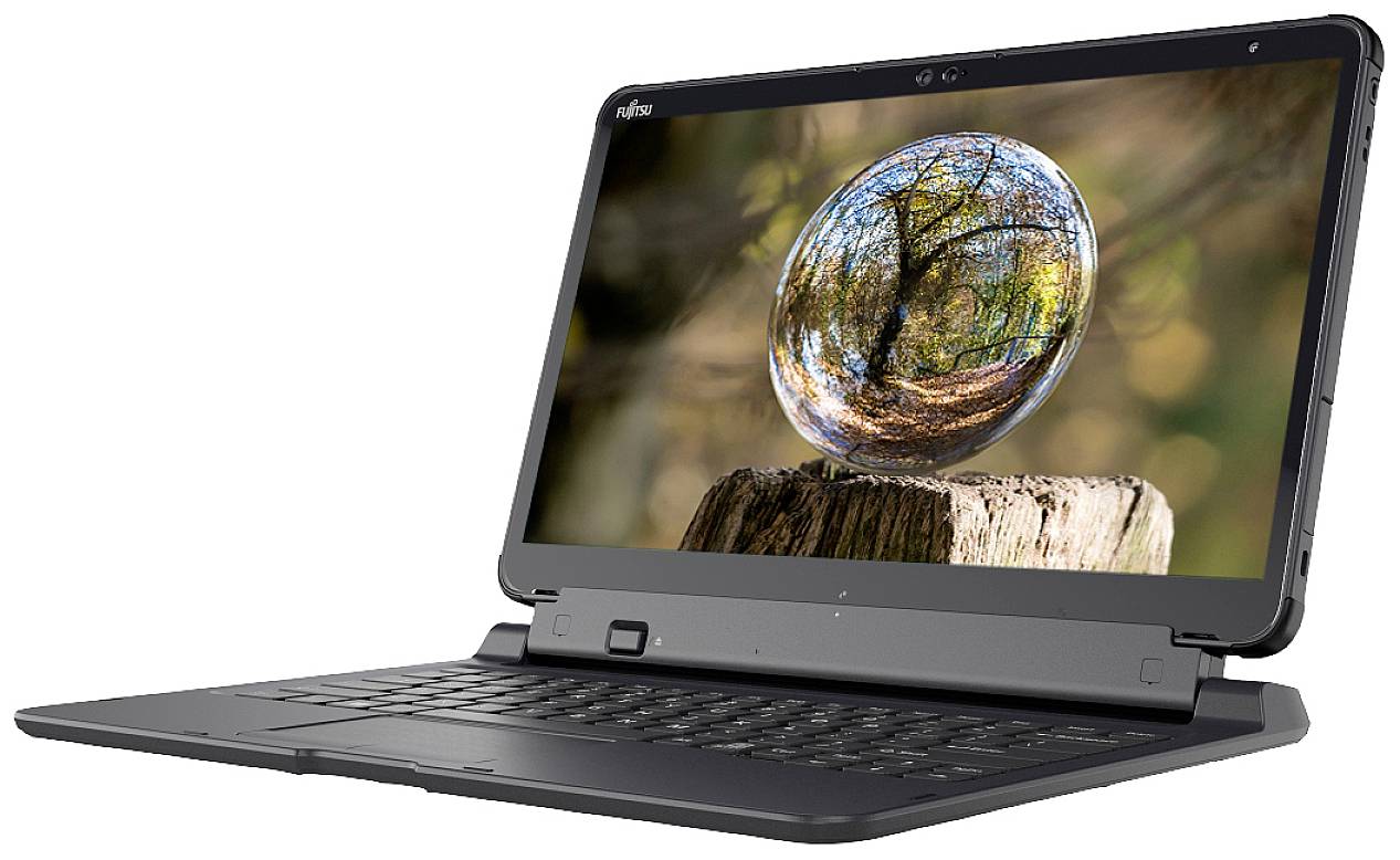 Ein Laptop mit Waldbildschirm zeigt einen Baum im Herbst. Der Laptop ist halb geöffnet und steht auf einer weißen Oberfläche.