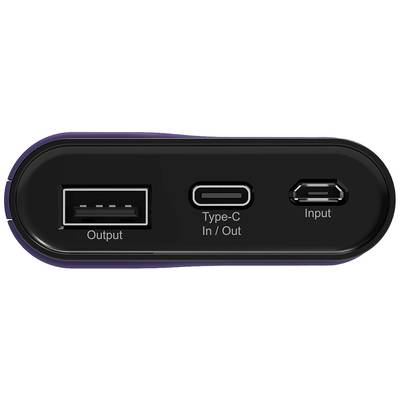 Schwarzes Ladegerät mit drei Anschlüssen: USB-Ausgang, Type-C Ein-/Ausgang, und Eingangsport.