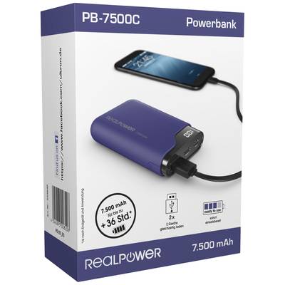 Powerbank-Verpackung 'PB-7500C' von RealPower. Zeigt Powerbank mit Smartphone verbunden, Kapazität 7500 mAh, zwei Geräte gleichzeitig laden.