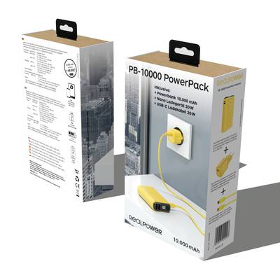 Externe Verpackung eines 10.000 mAh PowerPacks abgebildet, inklusive Powerbank, USB-C-Kabel und Ladeadapter.