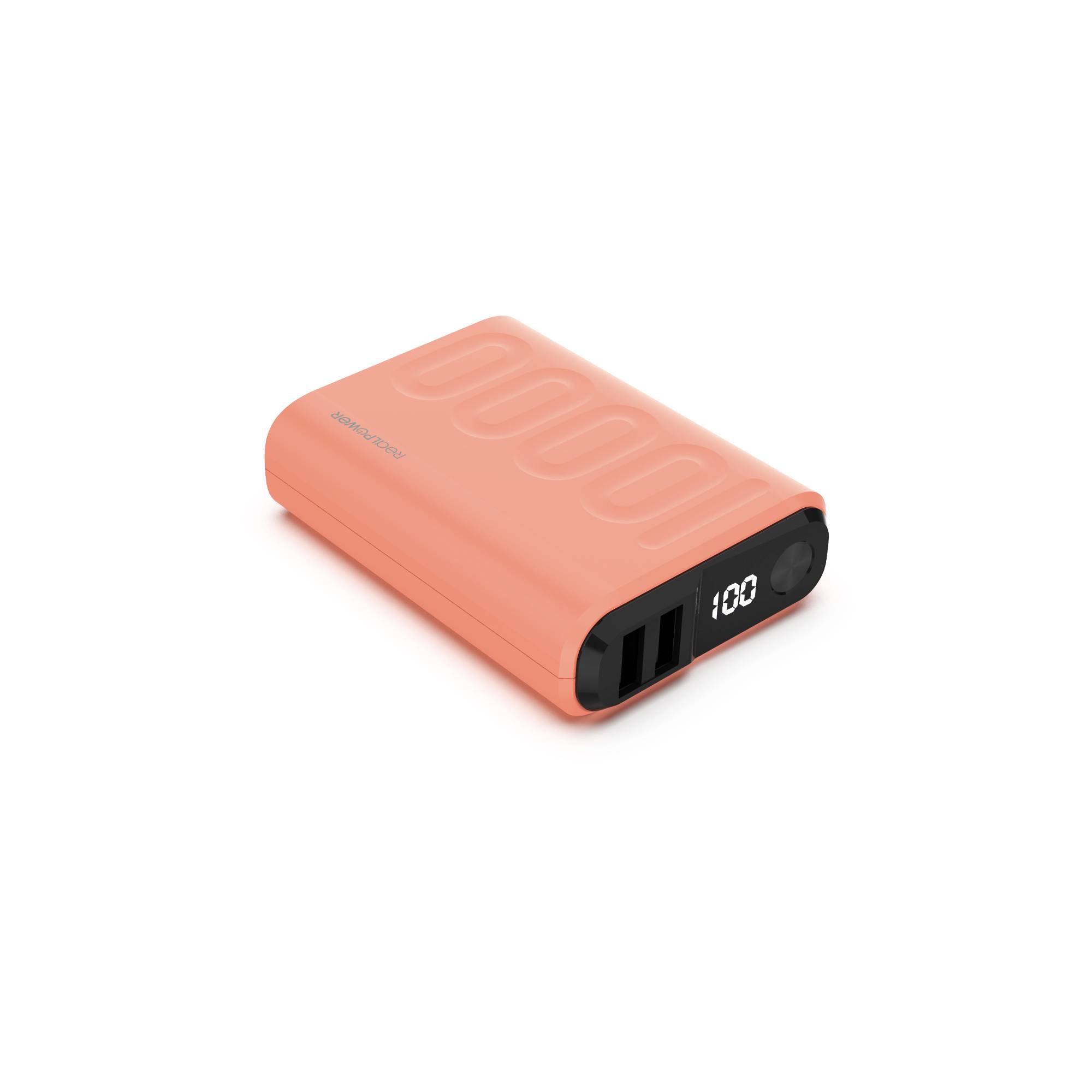 Eine rosafarbene Powerbank mit zwei USB-Anschlüssen und einer digitalen Anzeige, die '100' zeigt. Ideal für mobiles Aufladen.