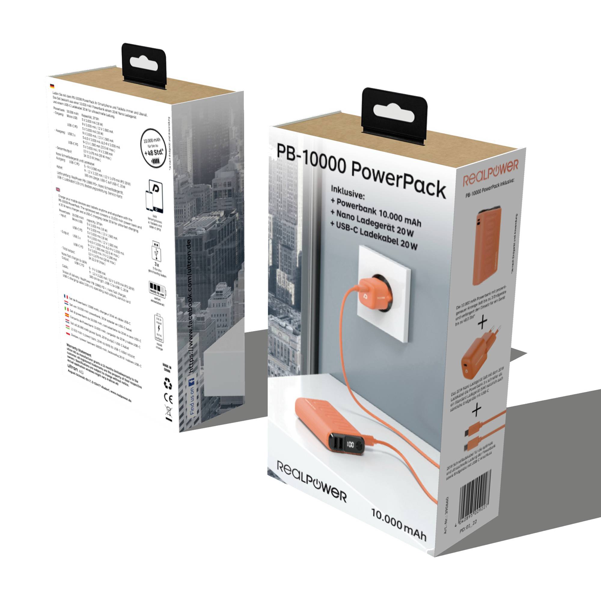 'RealPower PB-10000 PowerPack' Produktverpackung zeigt tragbare Powerbank mit 10.000 mAh, USB-C-Ladegerät, Ladeoptionen.