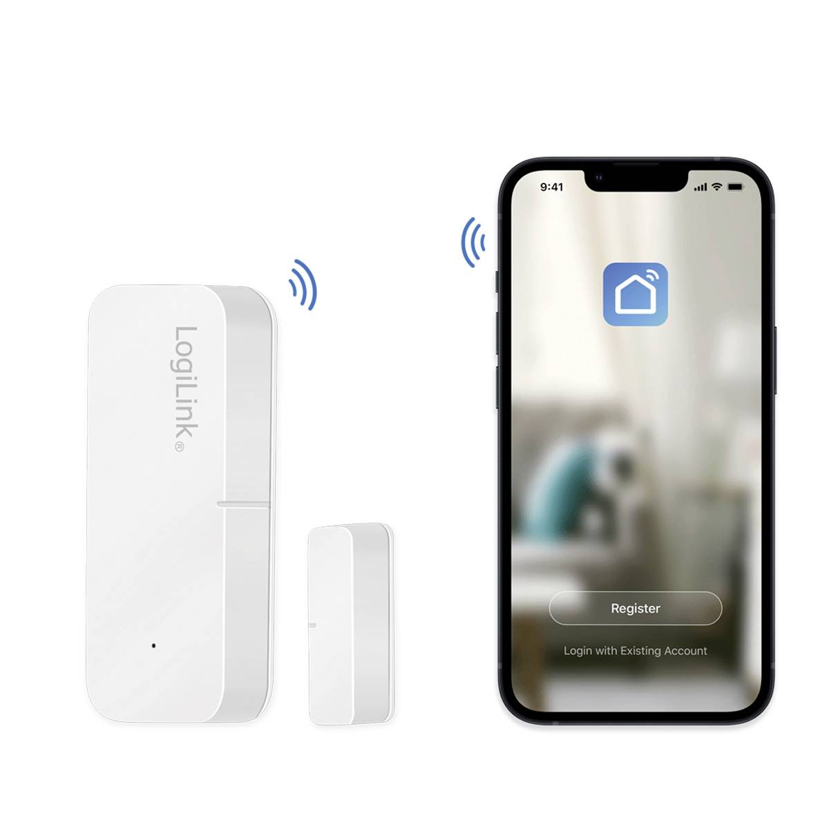 Ein Smart-Home-Sensor von LogiLink wird mit einem Smartphone verbunden. Auf dem Smartphone-Bildschirm steht 'Register' und 'Login with Existing Account'.