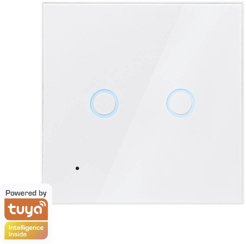 Ein moderner, quadratischer Lichtschalter mit zwei runden, beleuchteten Tasten und einem kleinen Punkt unten, 'Powered by Tuya' auf der linken unteren Ecke.