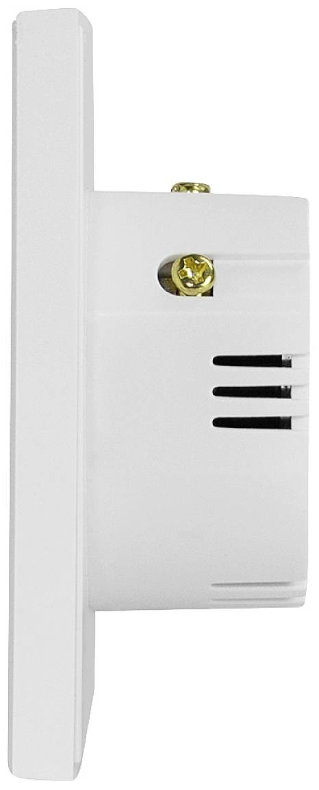 Seitenansicht eines weißen Wand-Thermostats mit Lüftungsschlitzen und zwei goldenen Schrauben oben.