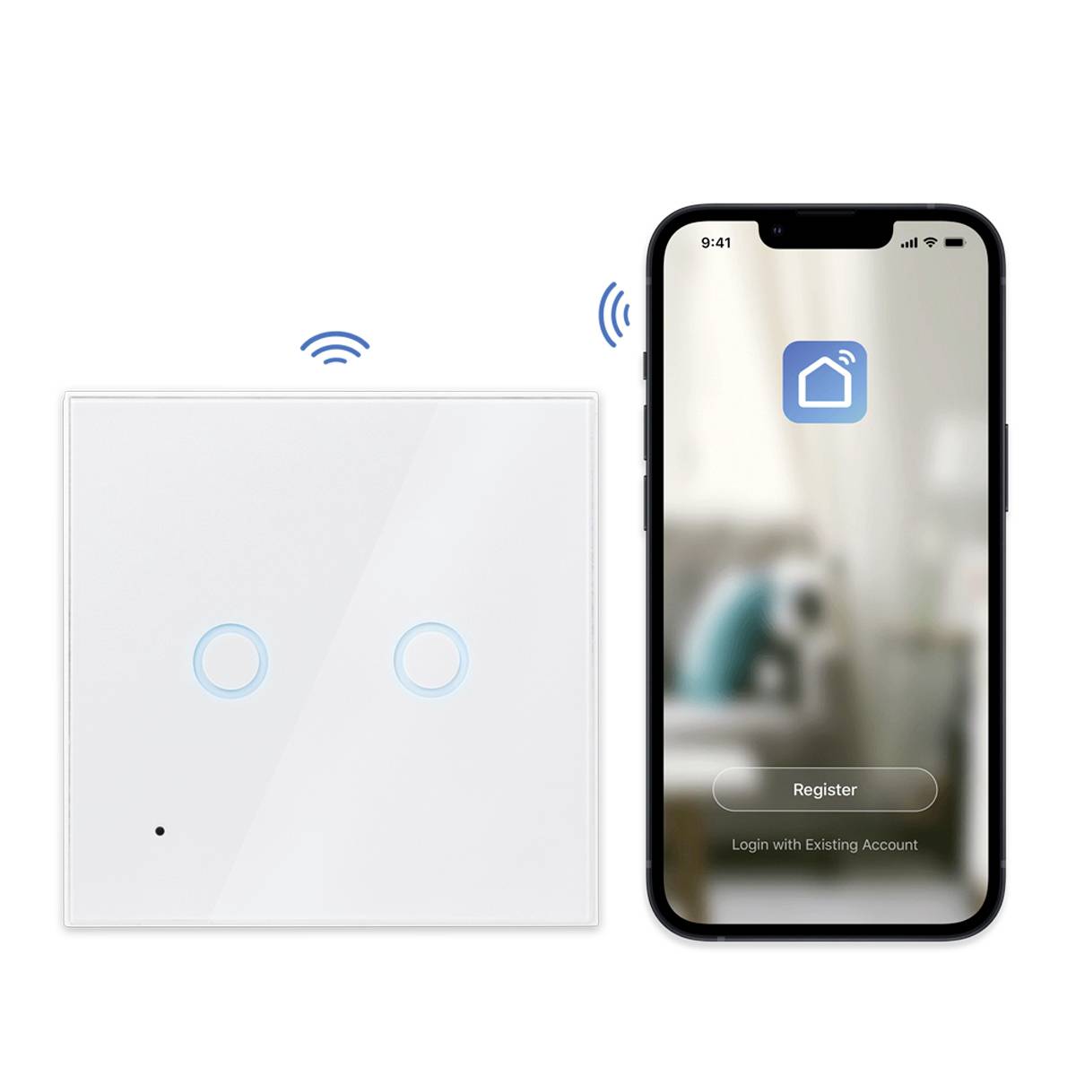 Ein weißer Smart-Lichtschalter neben einem Smartphone mit geöffneter Smart-Home-App. Schalter zeigt WLAN-Symbole für Konnektivität.