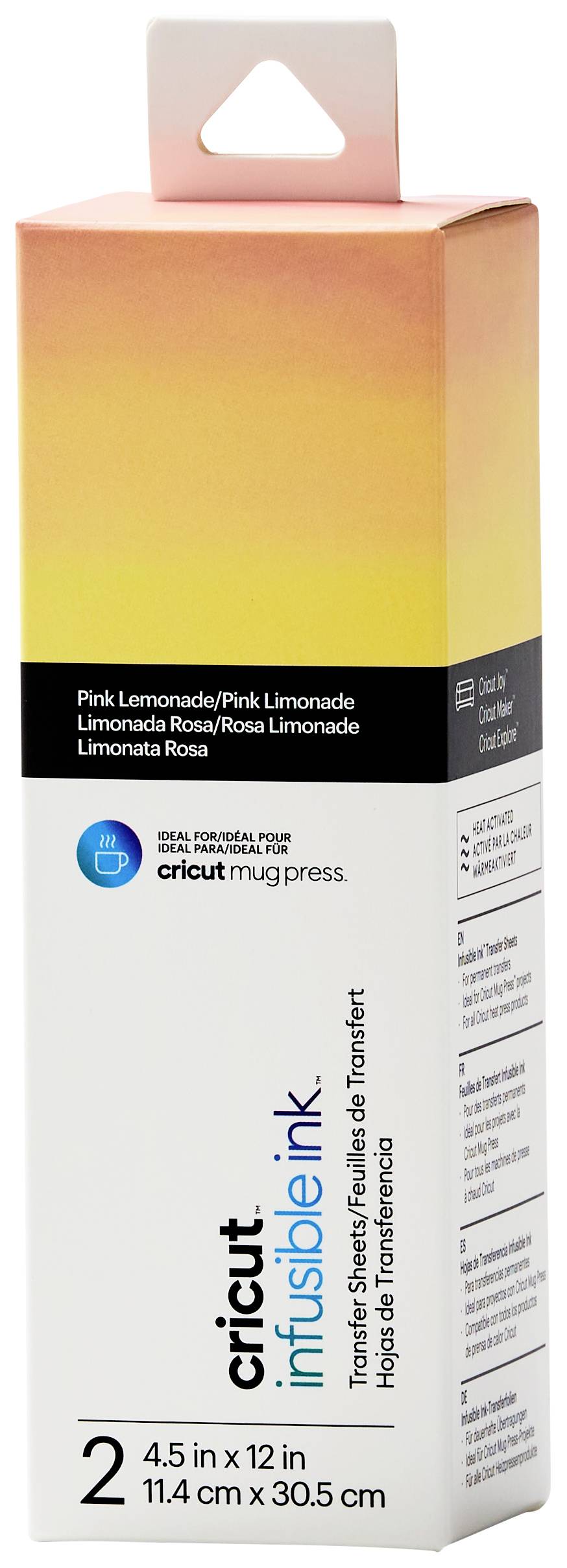 Verpackung der Cricut Infusible Ink Transferbogen in 'Pink Lemonade'-Farbe. Enthält 2 Stück, 11,4 cm x 30,5 cm. Geeignet für Cricut Mug Press.