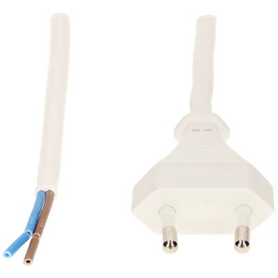 Zweiadriges Stromkabel mit Eurostecker auf der rechten Seite, blanke Drähte auf der linken. Ideal für Elektroinstallationen.