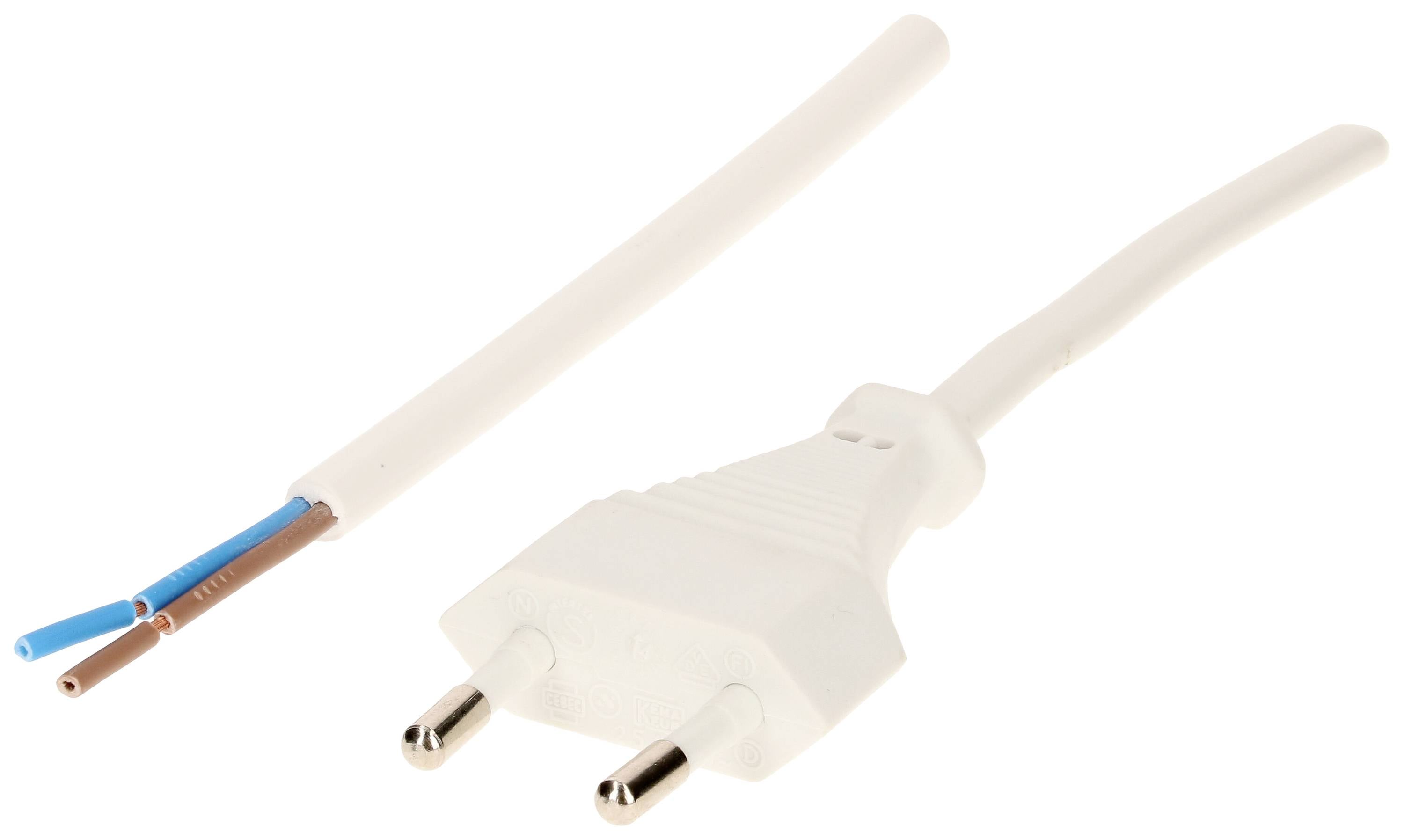 Ein weißer EU-Stecker mit zwei blanken Kabelenden, blau und braun, zeigt einen unvollständigen elektrischen Anschluss.