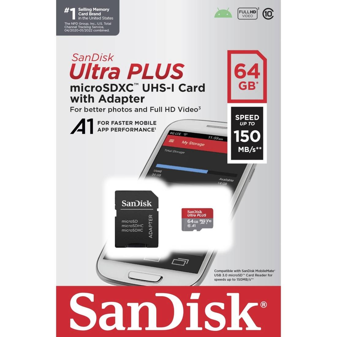 SanDisk 64 GB Ultra PLUS microSD 150MBs+SD Adapt 150MB/s Card+Adapter-2