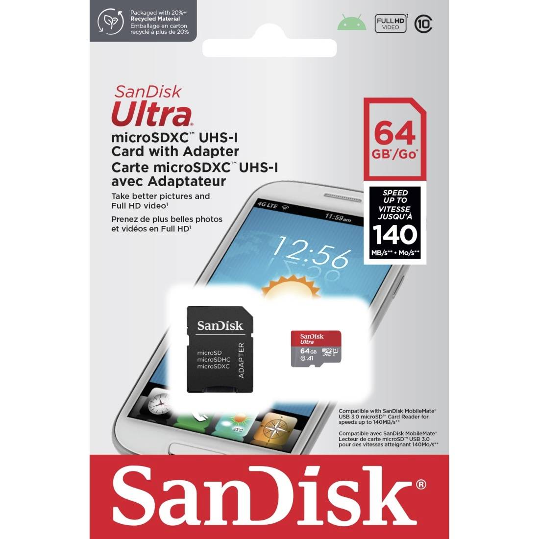 SanDisk Ultra microSDXC-Karte mit 64 GB und Adapter. Geeignet für Fotos und Full HD-Videos. Kompatibel mit UHS-I unterstützten Geräten.
