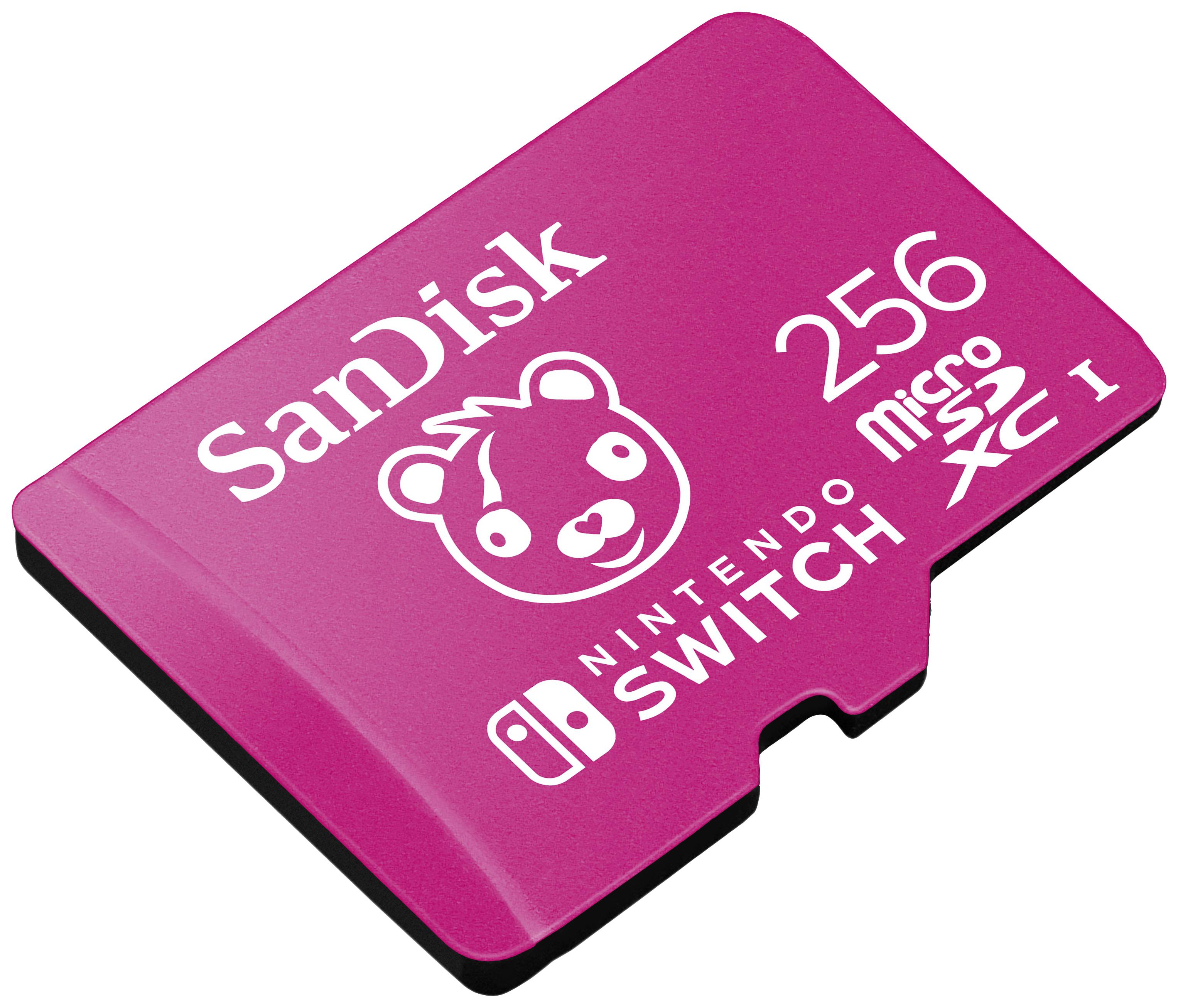Eine pinke SanDisk microSDXC Karte mit 256 GB, speziell für Nintendo Switch geeignet, mit einem Bärenmotiv.