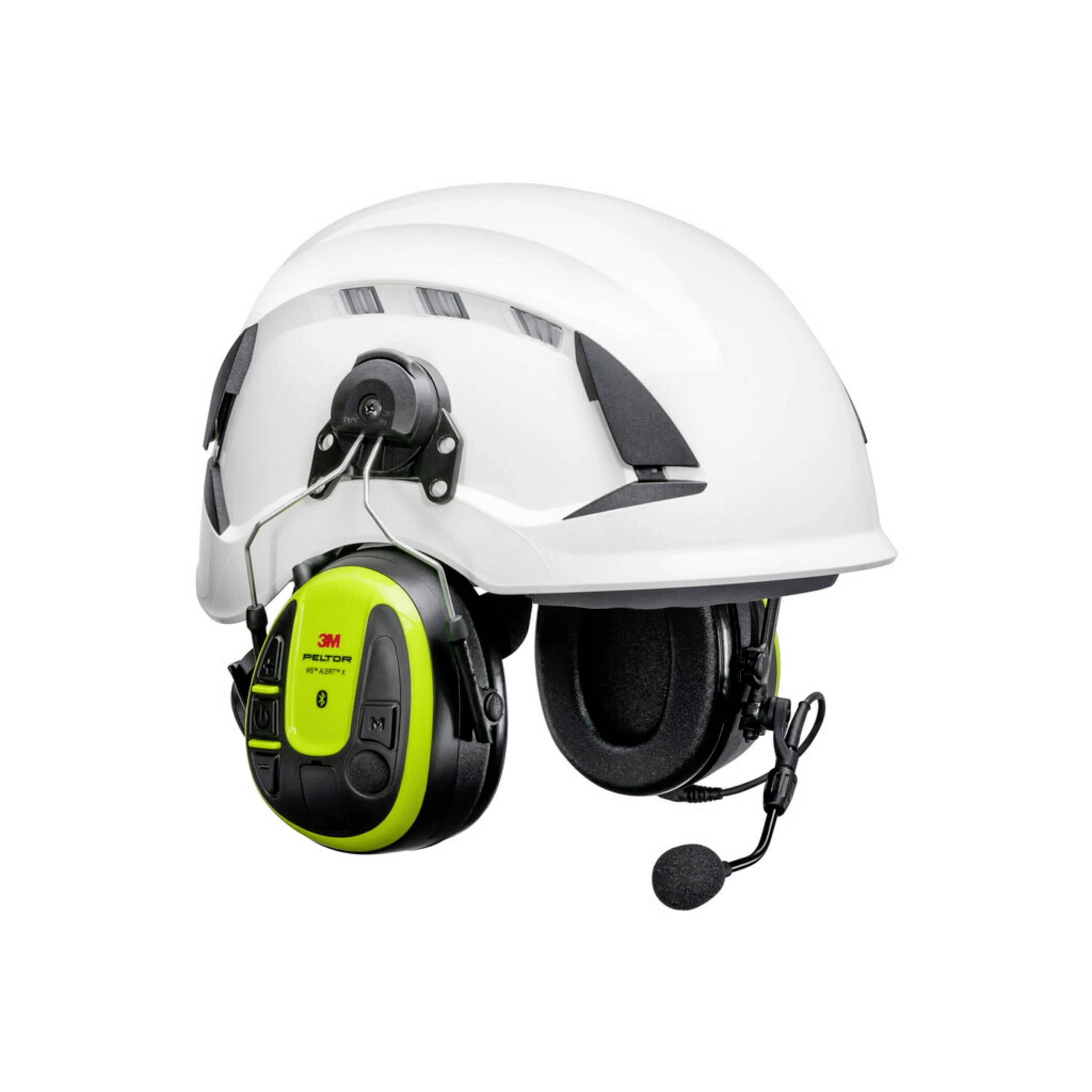 Ein weißer Schutzhelm mit integriertem grün-schwarzem Gehörschutz und Mikrofon, geeignet für Kommunikation in lauten Umgebungen.
