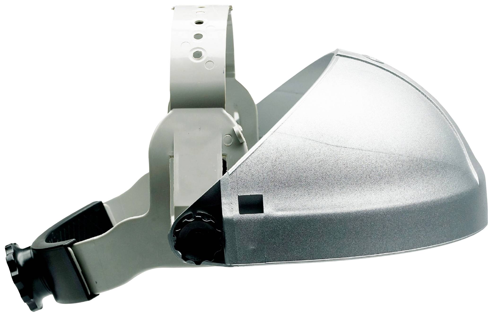 Metallische Lampenabdeckung mit Halterung, seitliche Ansicht.