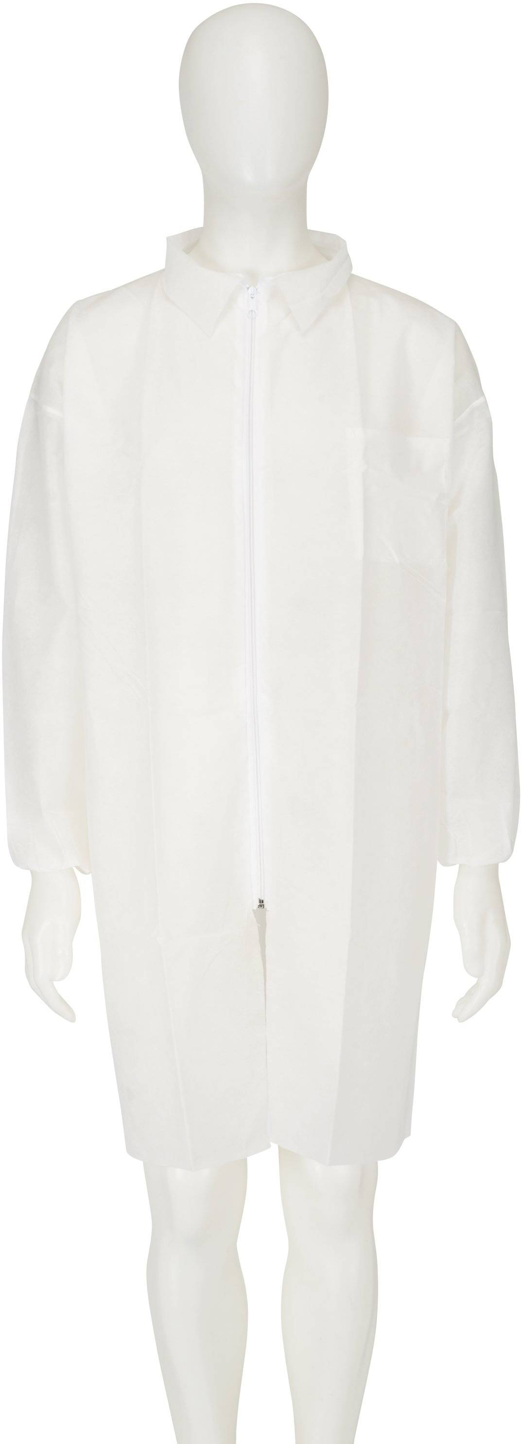 Mannequin trägt einen langen, weißen Kittel mit Knopfleiste und Kragen. Der Kittel hat eine aufgesetzte Brusttasche und lange Ärmel.