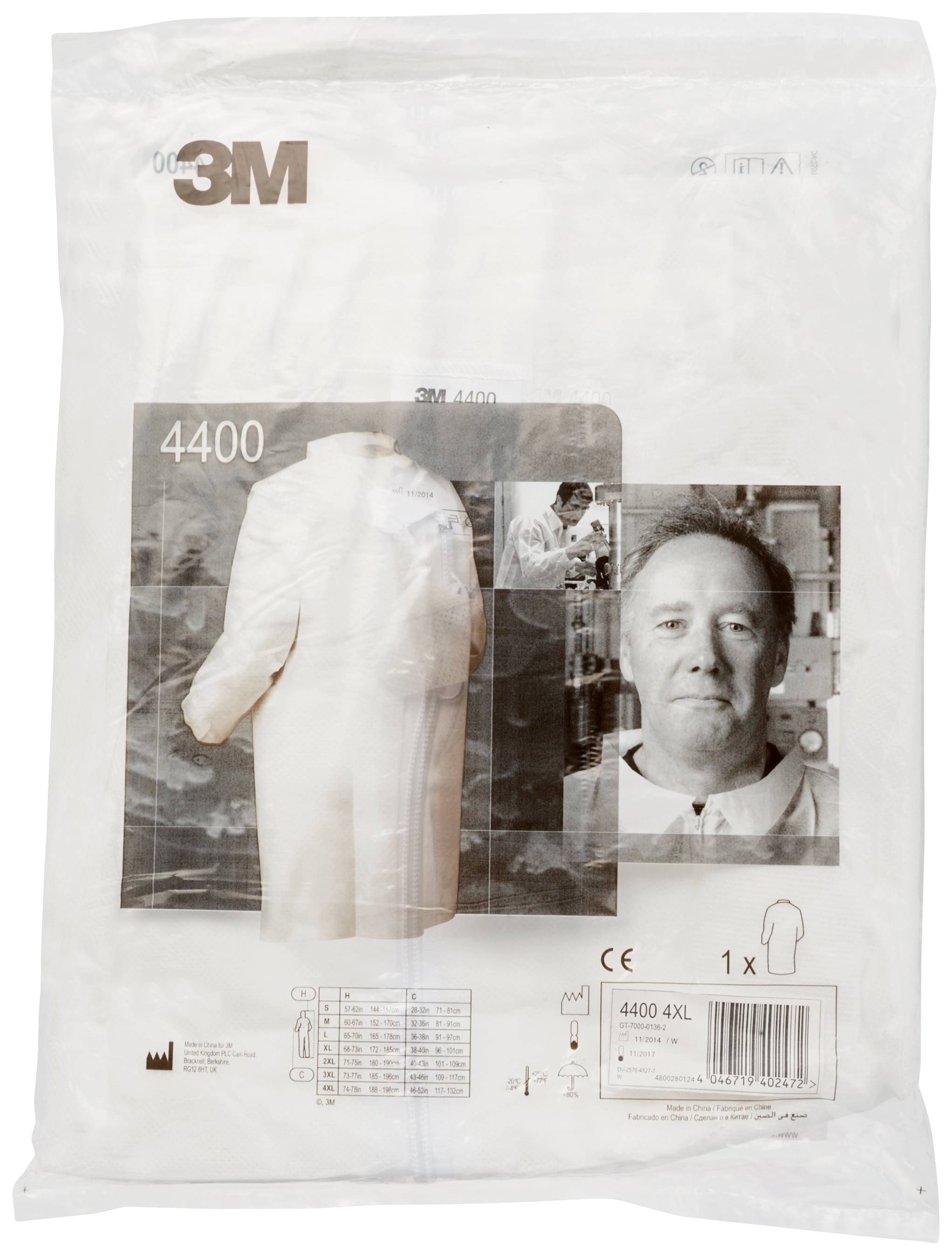 Die Packung zeigt einen weißen Laborkittel von 3M. Auf der Verpackung sind Bilder eines Labors und eines Mannes in Arbeitskleidung.