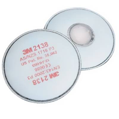 Zwei runde Schutzfilter mit der Aufschrift '3M 2138'. Sie dienen als Ersatzfilter für Masken und bieten Schutz vor Partikeln und Gasen.