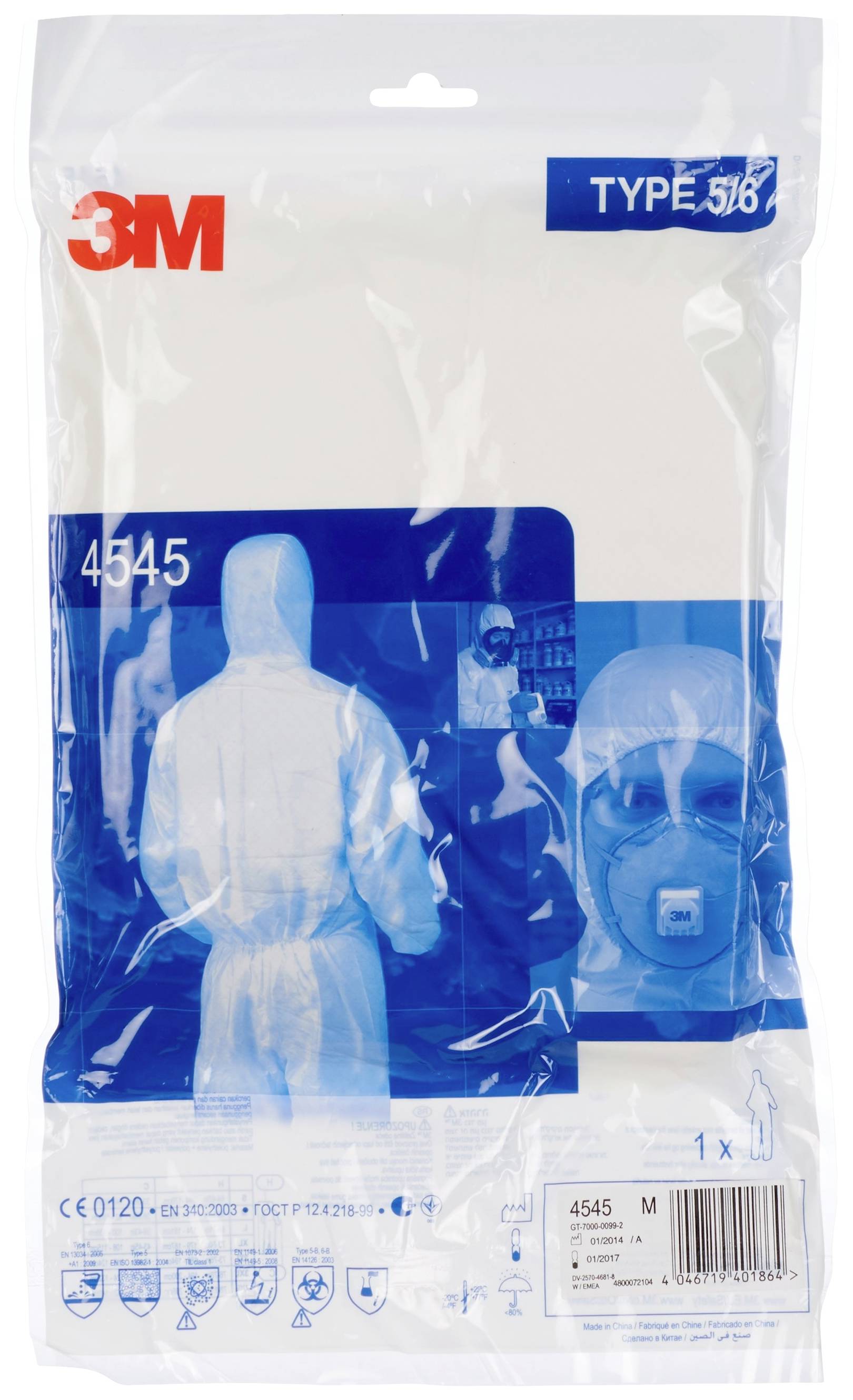 '3M Schutzanzug Type 5/6, Modell 4545, Größe M in Originalverpackung. Abgebildet sind Schutzanzugdetails und Produktlogos.'