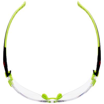 Eine transparente Schutzbrille mit grünem Rahmen, entworfen für Augenprotektion bei handwerklichen oder industriellen Arbeiten.