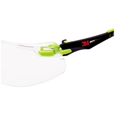 Schutzbrille mit transparenten Gläsern und grünen Details, schwarzes Gestell mit rotem '3M'-Logo. Geeignet für Augen- und Arbeitsschutz.