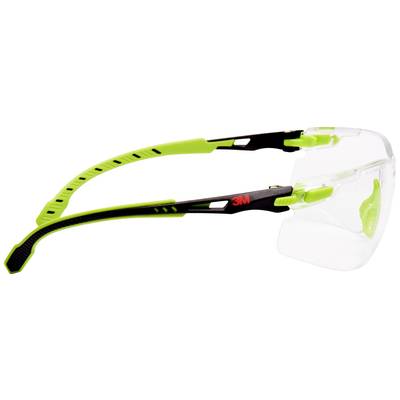 Schutzbrille mit transparenten Gläsern und grünen, verstellbaren Bügeln. Markennamen mit rotem Logo auf schwarzem Steg.