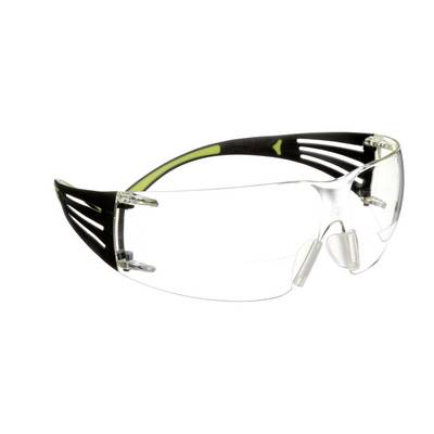 Eine transparente Schutzbrille mit schwarzem Rahmen und grünem Akzent. Geeignet für den Einsatz in laborativen oder industriellen Umgebungen.