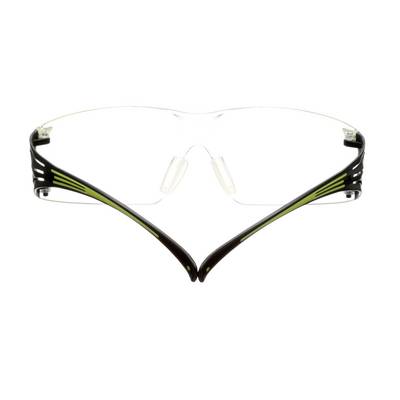 Eine moderne Schutzbrille mit klaren Gläsern und transparentem Rahmen wird frontal gezeigt. Geeignet für Arbeitsschutz.