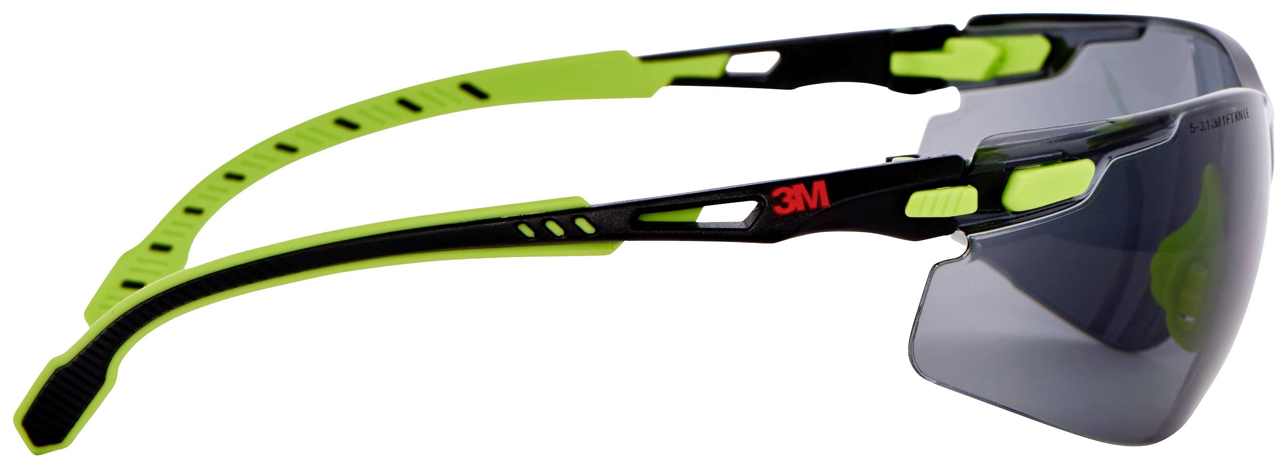 Schutzbrille mit grün-schwarzem Rahmen und getönten Gläsern, seitliches 3M-Logo, moderner, sportlicher Stil, bietet Augenschutz.