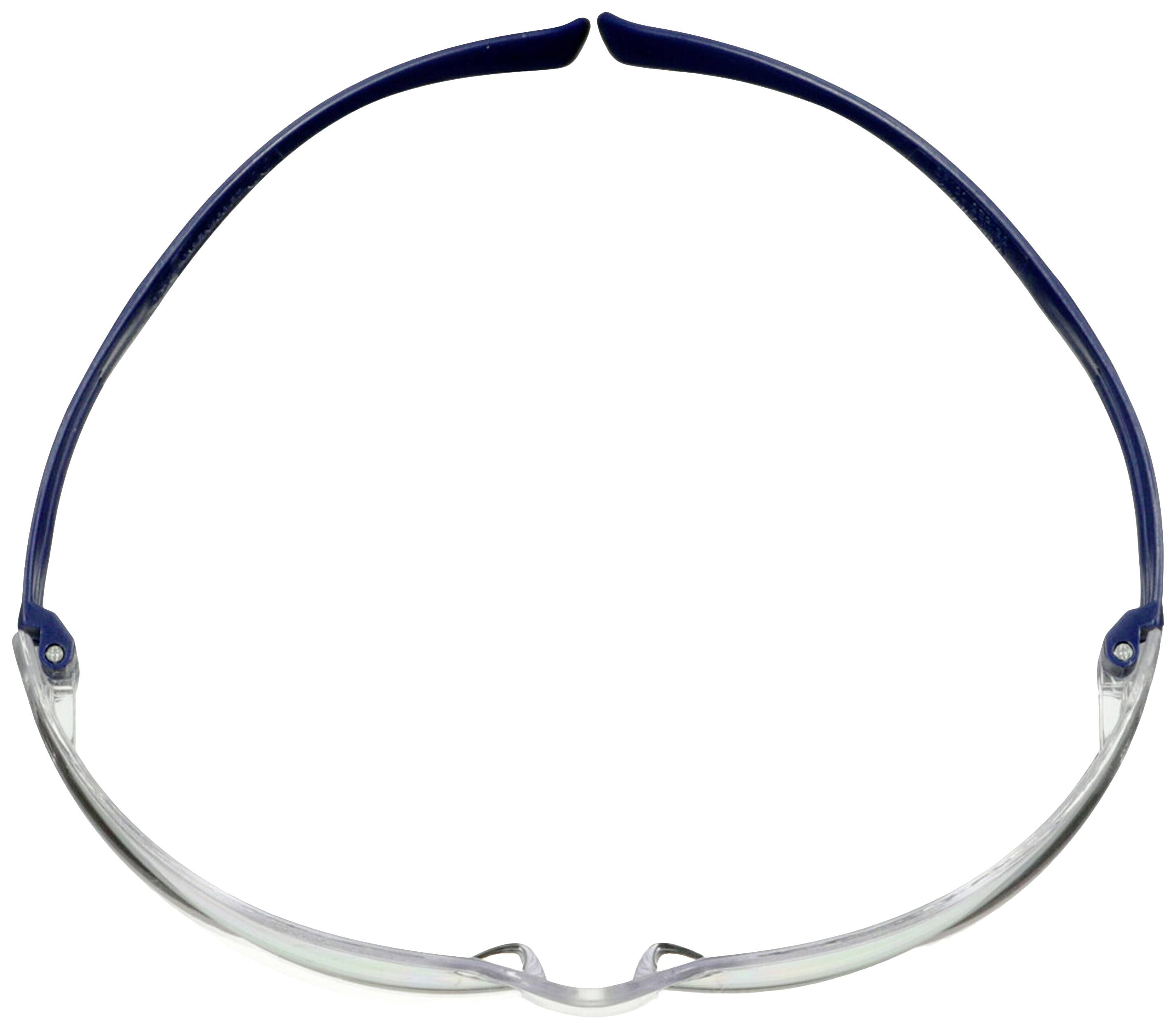 Klarsichtschutzbrille mit blauen Bügeln, frontalansicht. Geeignet für den Schutz der Augen bei Laborarbeiten oder handwerklichen Tätigkeiten.