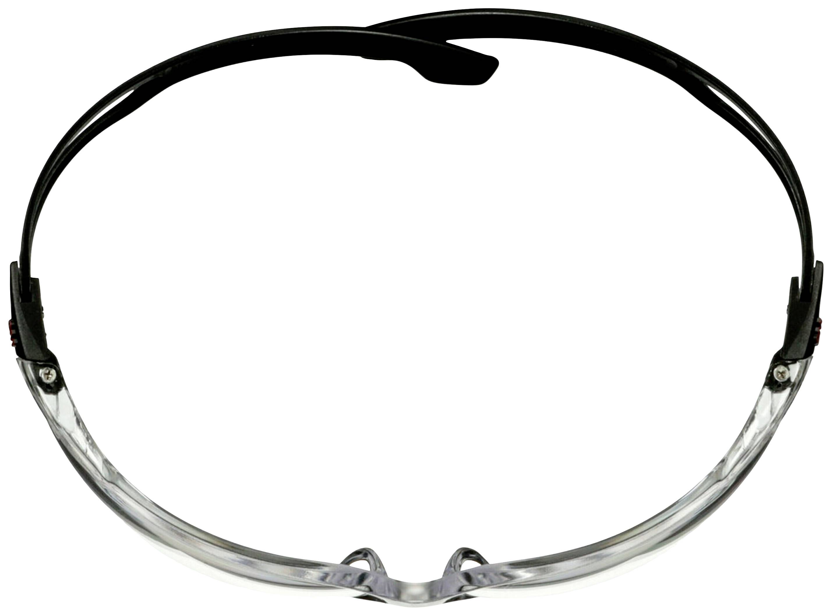 Eine schwarze, halbtransparente Schutzbrille liegt flach mit den Bügeln geöffnet, Ansicht von oben.