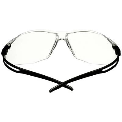 Eine Schutzbrille mit transparenten Gläsern und schwarzen Bügeln liegt auf einem weißen Hintergrund.