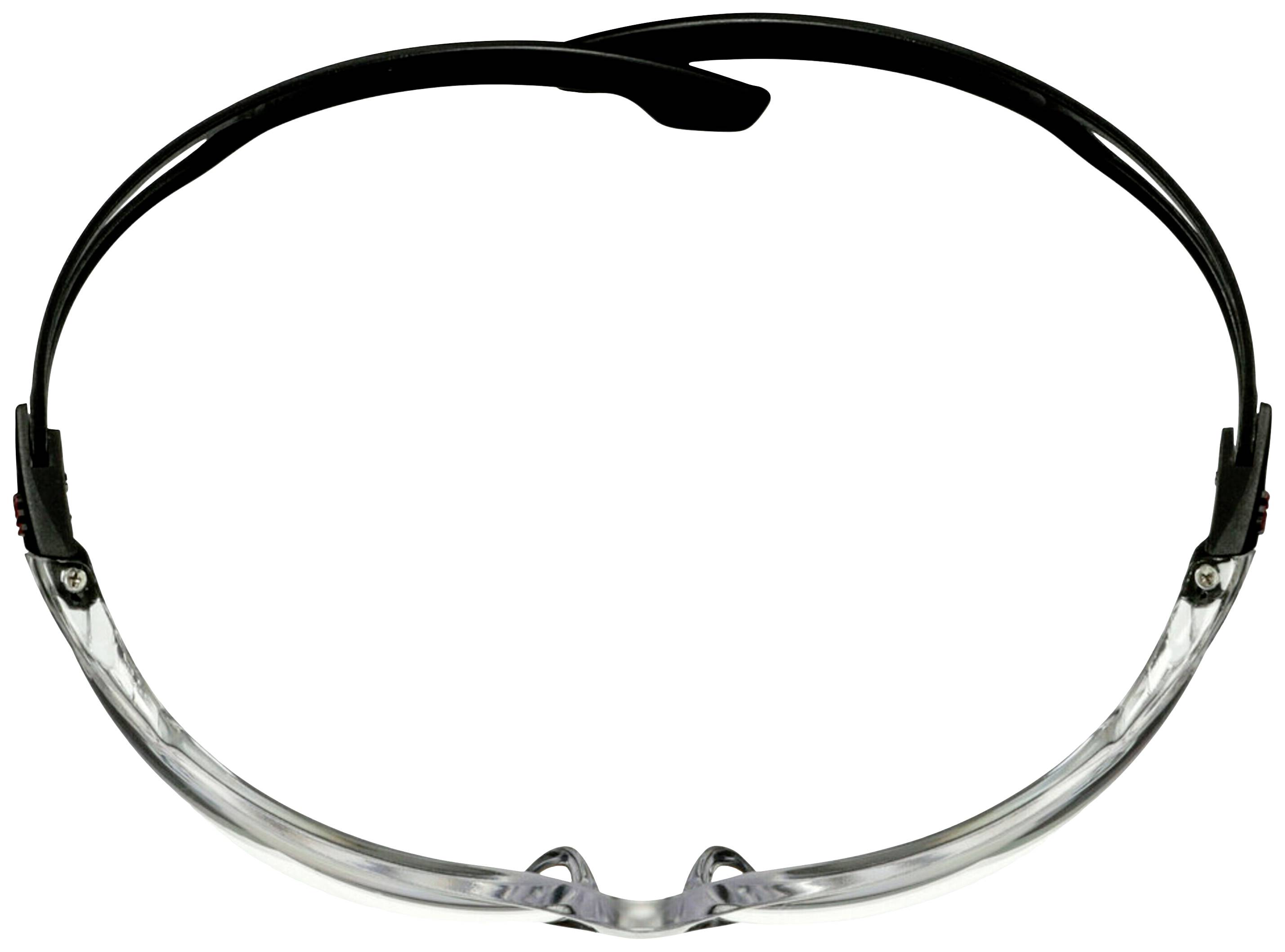 Transparente Schutzbrille mit schwarzem Rahmen, von oben fotografiert.