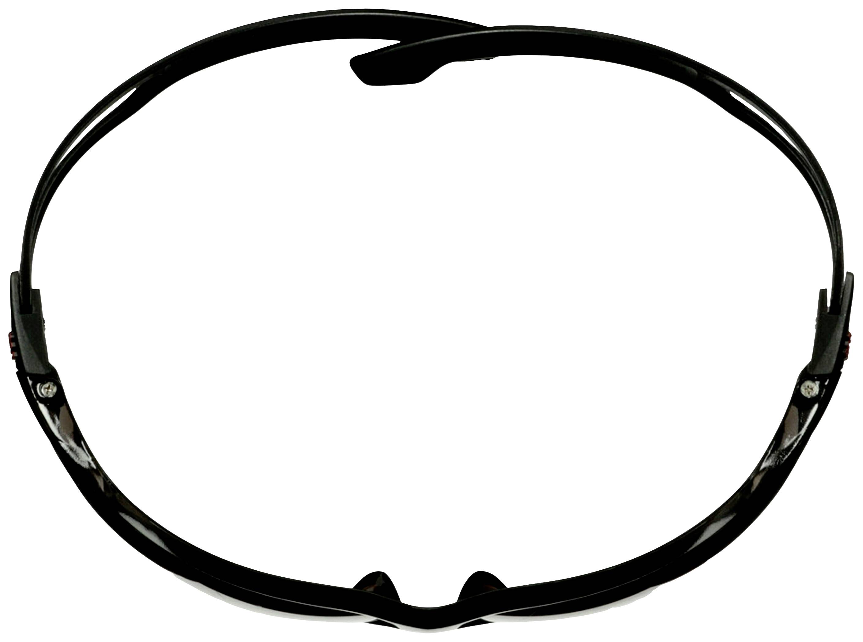 Eine schwarze Sportbrille von oben, geöffnet und bereit zum Tragen. Ideal für Aktivitäten im Freien und sportliche Anlässe.