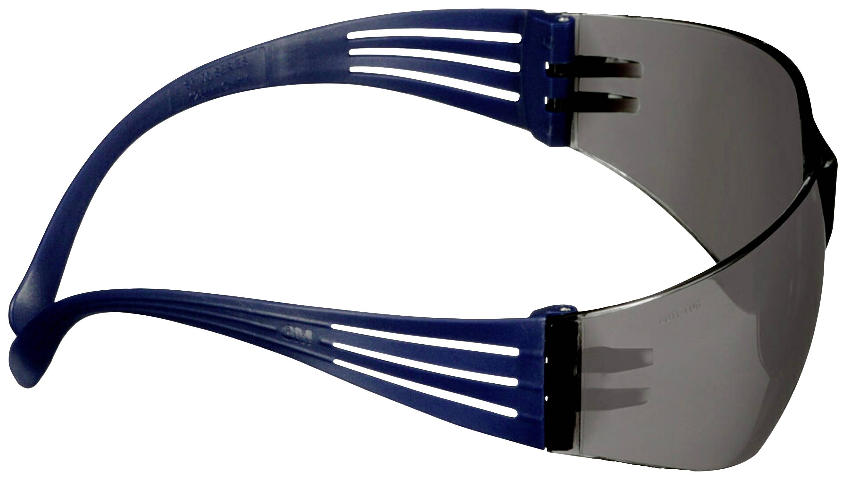 Schutzbrille mit blauem Gestell und getönten Gläsern, die seitlich über den Rahmen hinausreichen. Sie bietet Schutz für die Augen.