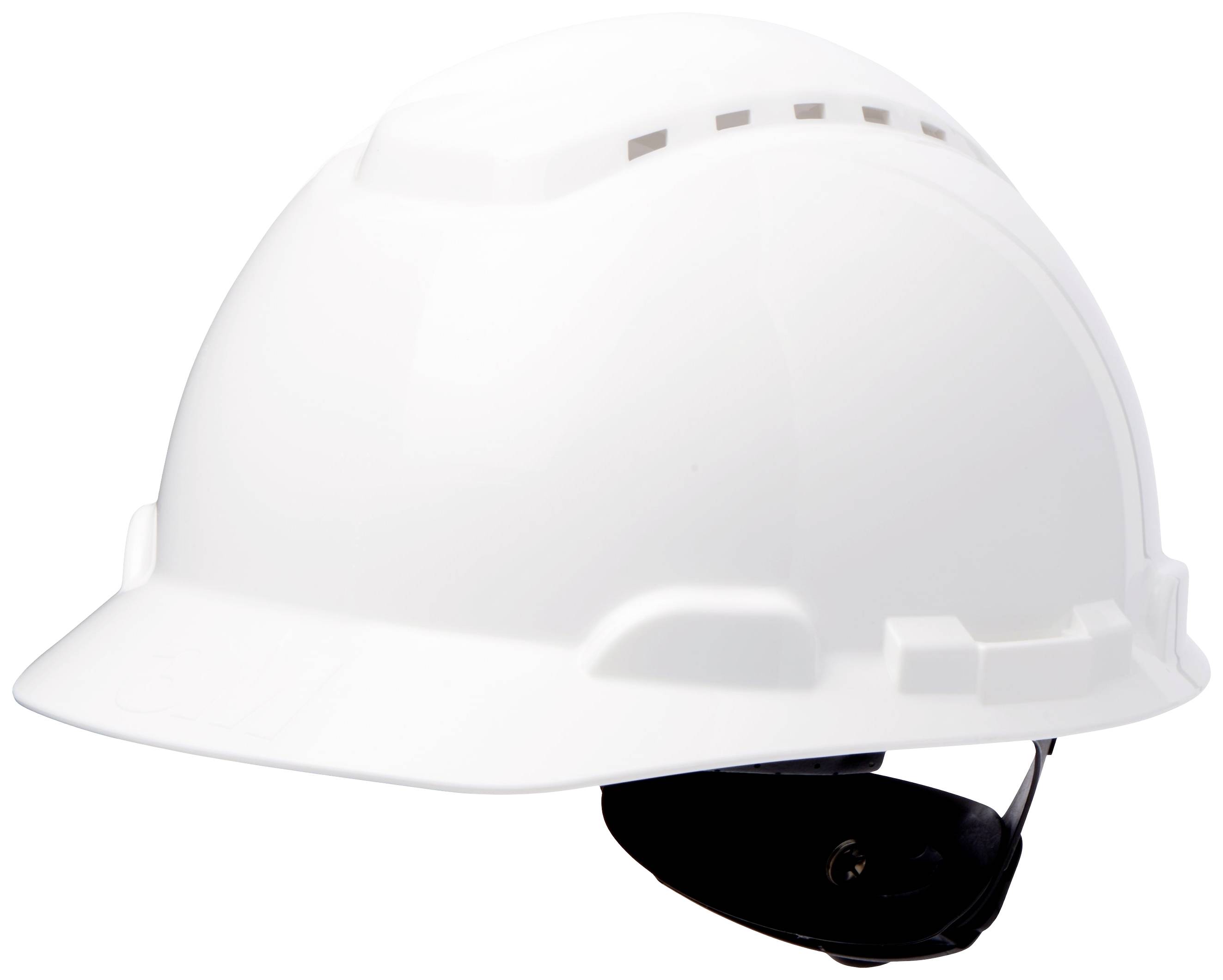 Ein weißer Schutzhelm mit Kinngurt, vor weißem Hintergrund. Verwendet für Sicherheitsmaßnahmen auf Baustellen und in gefährlichen Umgebungen.