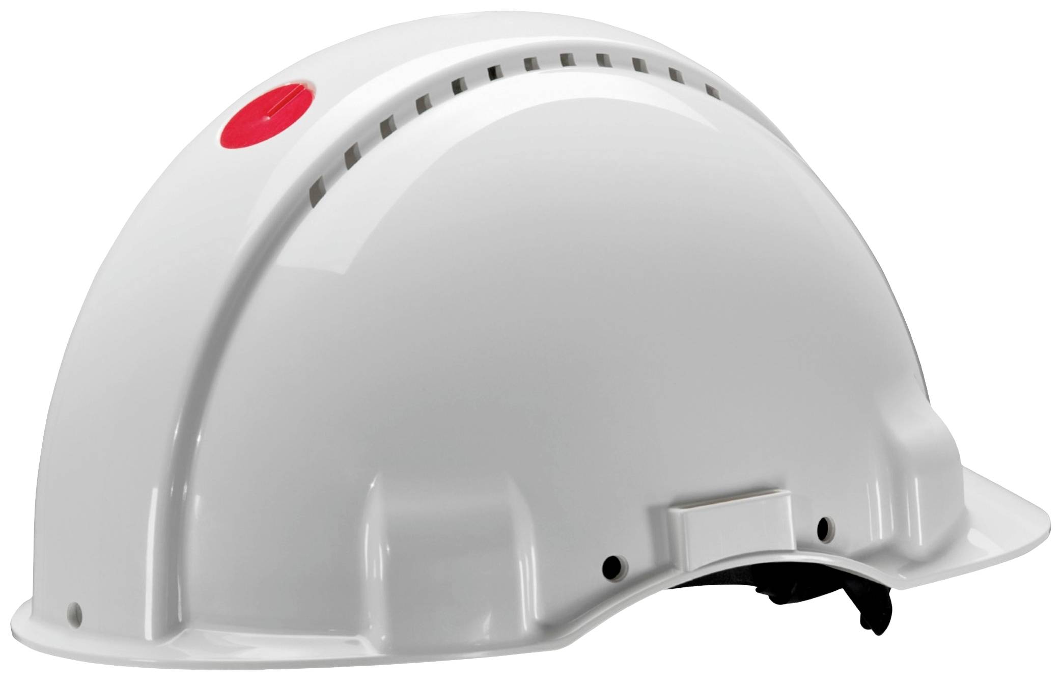 Ein weißer Schutzhelm mit einem roten Knopf oben, entworfen für Sicherheitszwecke in Bau oder Industrie.