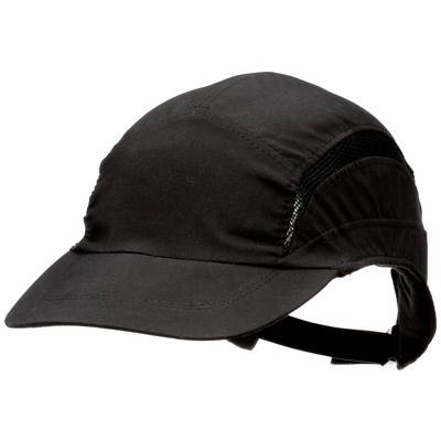 Eine schwarze Baseballkappe mit verstellbarem Riemen und Mesh-Einsätzen für Belüftung.