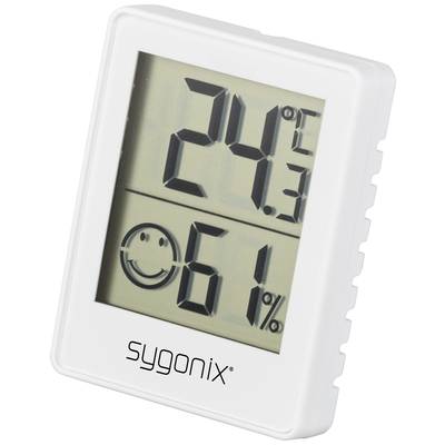 Digitales Thermometer zeigt 24,3°C und 61% Luftfeuchtigkeit. Ein Smiley symbolisiert angenehme Bedingungen.