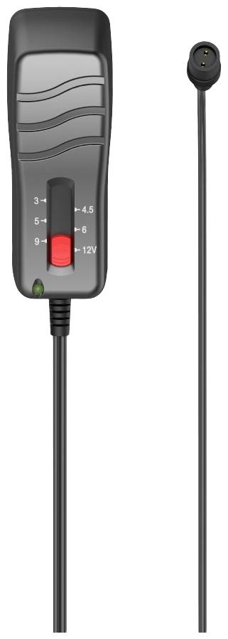 Schwarz-rotes Netzteil mit Spannungsregler von 3 bis 12 Volt und Kabelanschluss rechts.