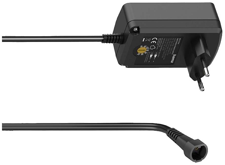 Ein schwarzes Netzteil mit EU-Stecker und abnehmbarem Kabel, geeignet für elektronische Geräte.