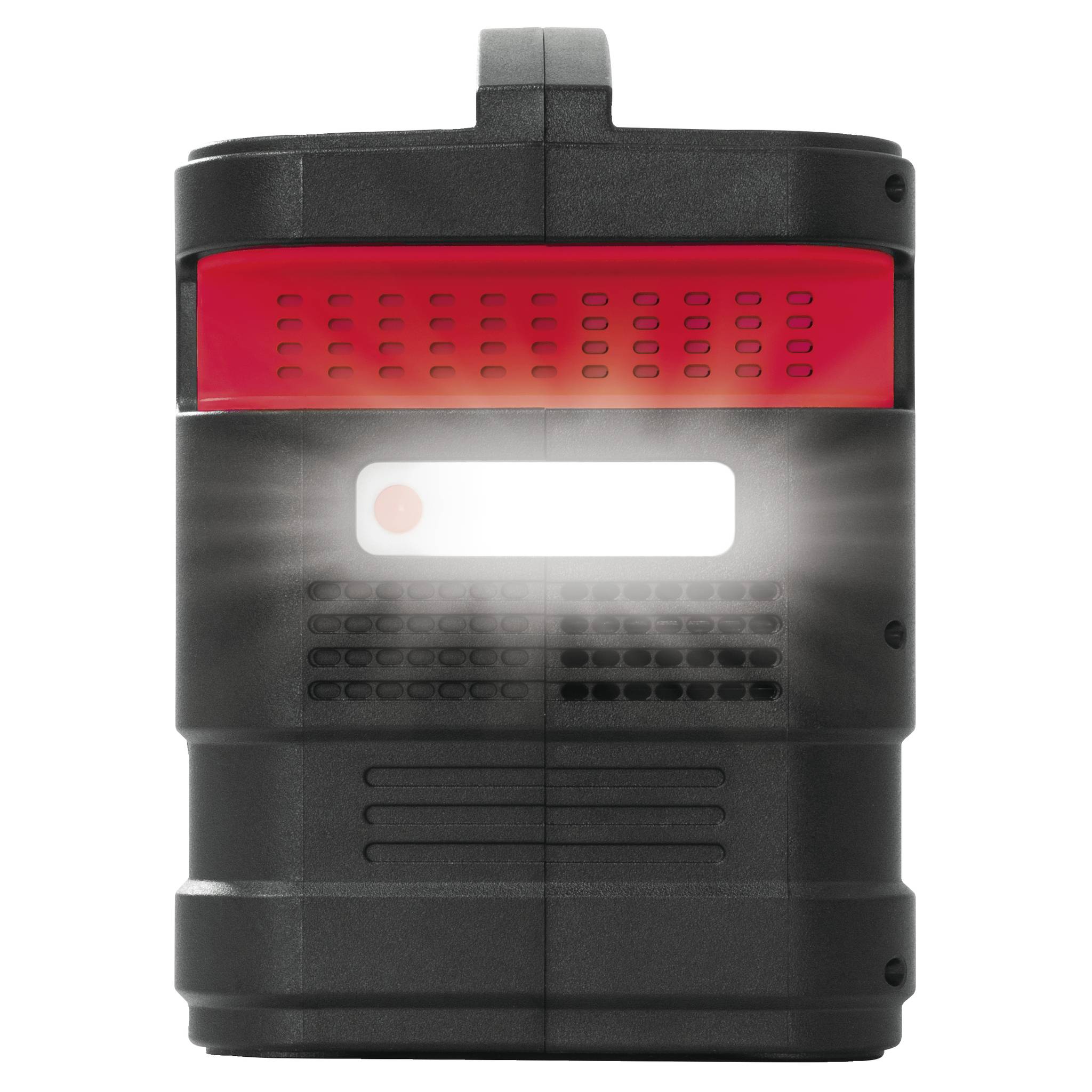 Ein schwarzes elektronisches Gerät mit einem leuchtenden roten und weißen Display auf der Vorderseite.